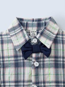 SHEIN Bộ 3 áo vest cổ chữ V màu xanh cho bé trai + quần cạp chun + áo sơ mi tay dài in họa tiết kẻ caro cài nút phía trước - Màu xanh lam - Xem 4