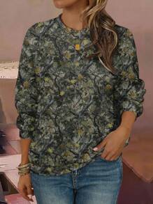 ORANGE STUDIO Damen Sweatshirt im Künstler-Look mit Camouflage- und Blättermuster, legerer minimalistischer Stil, geeignet für Herbst, Feiertage, Neujahr, Winter, Urlaub, Frühling, Festival