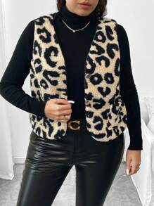 Flirla 大码女式豹纹单排扣背心夹克，时尚，适合秋冬季 - 卡其色 - 查看 5