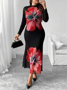 SHEIN Unity 大码花卉印花立领长袖紧身连衣裙 - 黑色 - 查看 1