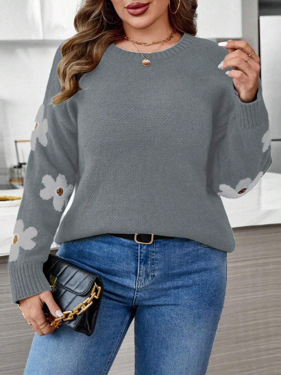 Calvaya Plus Size Casual Floral Pattern Drop Shoulder Sweater, Autumn ...