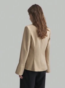 Ontre Women's Single Breasted Shawl Collar Formal Blazer, Business Casual Waist Gathered Khaki V-Neck Jacket - Apricot - View 5