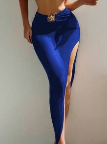 Swim SXY Bộ 3 đồ bơi bikini ống màu trơn cho nữ kèm chân váy xẻ cao cho bãi biển mùa hè - Xanh đậm - Xem 4