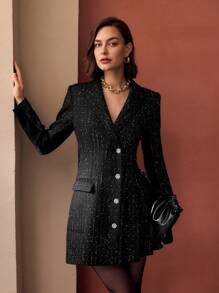 MOTF PREMIUM TWEED LAPEL COLLAR FLAP DETAIL SLIM FIT SHORT DRESS