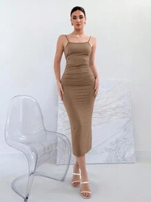 Aloruh Vestido sin espalda con lazada en la espalda y sin mangas, elástico para el verano - Marrón - Ver 4