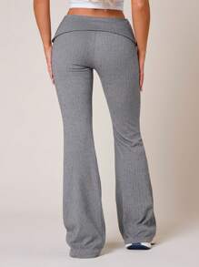 VARSIVA Cold Fall Winter Clothes Women Solid Color Fold-Over Waist Flare Leg Casual Pants - Grey - View 2