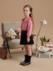 PrepCrw 年轻女孩学院风蓝色圣诞褶皱宽松A字迷你裙，秋冬 - 藍色 - 查看 3