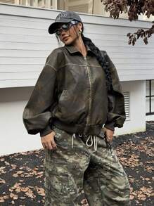 Muchica 女式前拉链长袖简约休闲复古做旧水洗 PU 秋冬夹克