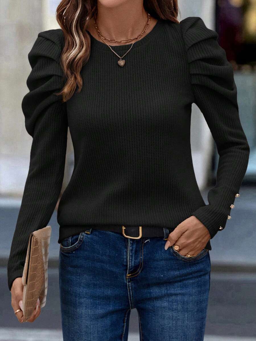 SHEIN LUNE Women Casual Ruffle Shoulder Design Long Sleeve Top, Autumn/Winter - Black - View 1