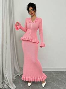 Elenzga 2 件套女士 3D 花卉装饰喇叭袖波浪下摆毛衣套装，秋冬 - 粉色 - 查看 4