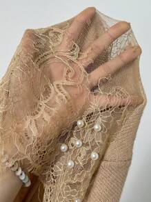 Chiquease 女士蕾丝拼布长袖仿珍珠装饰休闲套头衫 - 杏色 - 查看 7