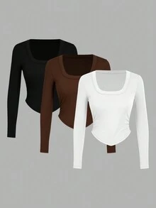 SHEIN EZwear 3 件装休闲简约女式修身加厚无缝长袖 T 恤，适合秋冬季 - 彩色 - 查看 12