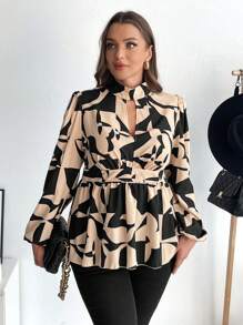 SHEIN Frenchy Plus Size Women Geometric Print Keyhole Neck Lantern Sleeve Casual Shirt, Autumn - Multicolor - View 4