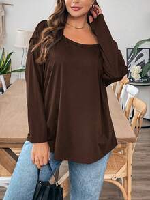 SHEIN Essnce Áo phông nữ tay dài rộng rãi, thoải mái, hở vai màu nâu, áo phông nữ cỡ lớn, trang phục, trang phục mùa thu, áo bất đối xứng, áo nữ, áo có tay, quần áo mùa thu, áo dễ thương, áo cong, áo rộng thùng thình - Màu nâu Sô-cô-la - Xem 5