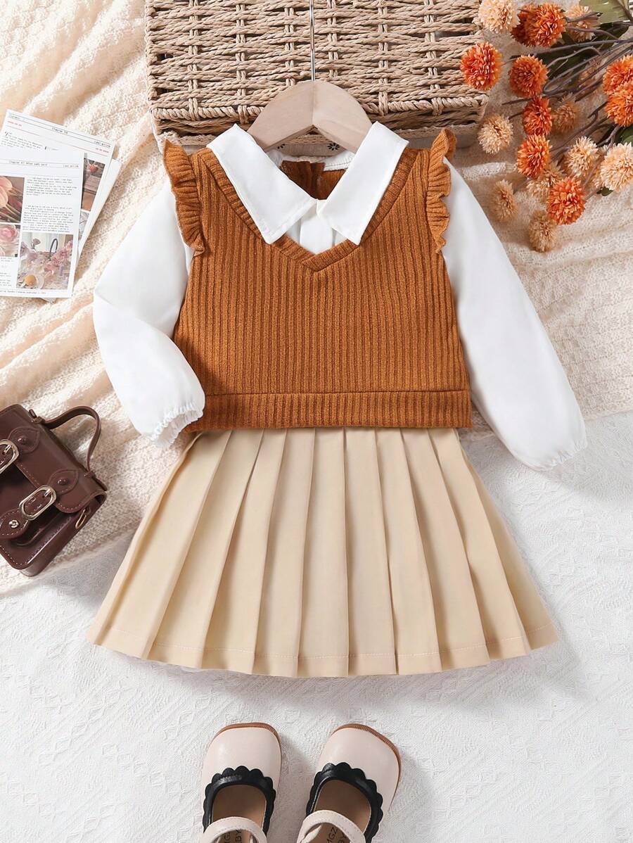 SHEIN Bộ đồ xuân/thu cho bé gái, áo hai mảnh màu sắc tương phản bão hòa cao và chân váy xếp ly, thích hợp cho hoạt động ngoài trời và tiệc tùng - Nhiều màu - Xem 1