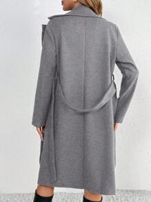 SHEIN Tall Women's Casual Solid Color Lapel Collar Double-Breasted Long Overcoat, Autumn/Winter - Grey - View 2