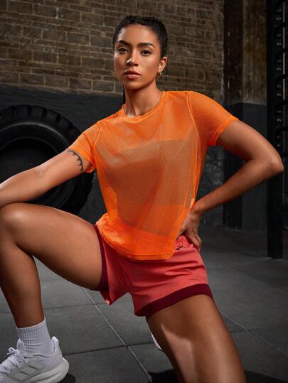 Powerista Camiseta deportiva suelta de manga corta y cuello redondo de unicolor para mujer