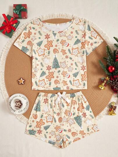 Cartoon Christmas Element Print Short Sleeve T-Shirt And Shorts Set