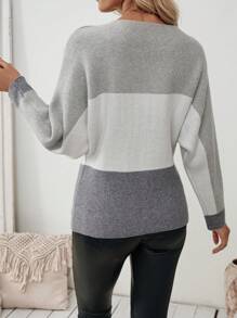 SHEIN LUNE Damen Grauer Kontrast Rundhals Fledermausärmel mit Fellbällen Dicker, warmer, weicher Pullover Strickpullover Herbst Winter - Grau - Übersicht 2