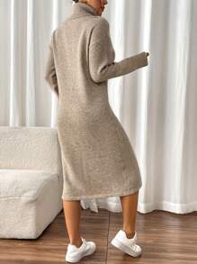 Chiquease Vestido de suéter para mujer con cuello alto y abertura por encima de la rodilla, de estilo casual y elegante para otoño/invierno - Camel - Ver 2