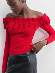 Maija 1 Stück Damen roter einfarbiger Applikations-Off-Shoulder eleganter Strickpullover, gemütlich und romantisch, geeignet für Weihnachten, langärmelige warme Oberseite