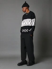 SUMWON Geometric Pixel Pattern Knit Sweater Winter Crew Neck Streetwear Pullover Nordic Fair Isle Design Contemporary Digital Art Style Sweater - Black - View 1
