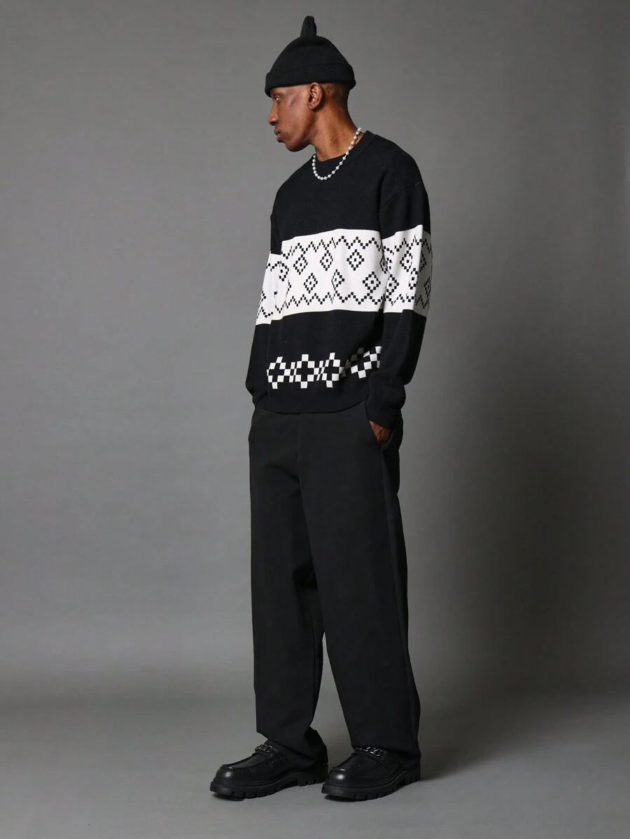 SUMWON Geometric Pixel Pattern Knit Sweater Winter Crew Neck Streetwear Pullover Nordic Fair Isle Design Contemporary Digital Art Style Sweater - Black - View 1