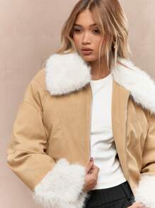 MISSGUIDED Cazadora con cuello y puños de peluche sobredimensionados con ribete de piel sintética de lujo, diseño de moda de otoño e invierno, abrigo casual con aislamiento y estilo de calle cálido