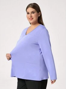 TaskEZ Solid Color V-Neck Long Sleeve Pocket Casual Simple Nurse Uniform Scrub Top, Plus Size - Multicolor - View 3
