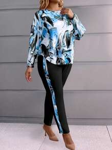 SHEIN 大码圆领长袖印花简约上衣和裤子休闲套装 - 藍色 - 查看 5