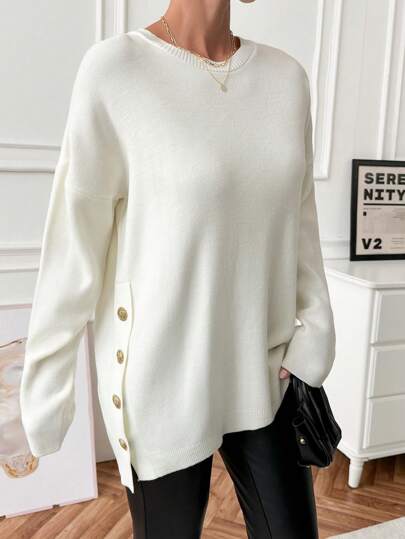 EURMUSE Plain Color Button Decor Side Snap Closure Crew Neck Casual Pullover Sweatshirt