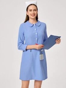 TaskEZ Light Blue Nurse Dress With Double Pockets And Button Front  Women Scrubs Uniform Button Front Hospital Nurse Scrub Dress Lab Coat Clothe