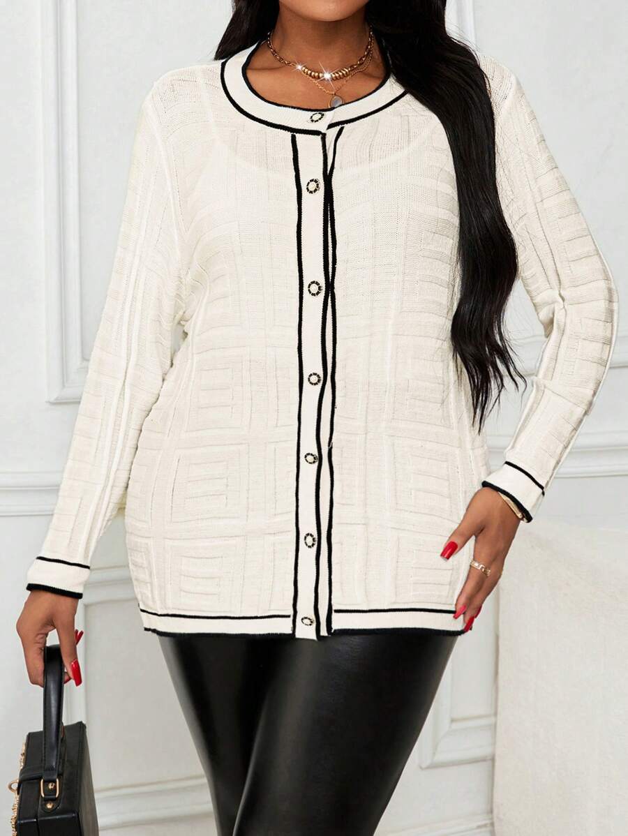 SHEIN Lady Autumn And Winter Elegant White Worsted Button Front Midi Plus Size Cardigans Sweater Fall Women Clothes Winter Clothes For Women - Black and White - View 1