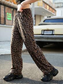 SHEIN Pantalones rectos con estampado de leopardo de moda informal para adolescentes/adolescentes niñas, para el otoño