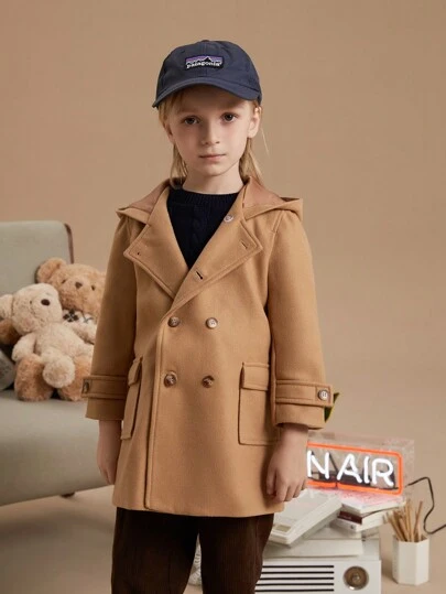 PrepCrw 男童秋冬学院风卡其棕色编织仿修身双排扣连帽外套