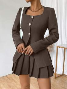 Chiquease 女式前扣长袖仿口袋简约休闲西装外套 - 咖啡棕 - 查看 5