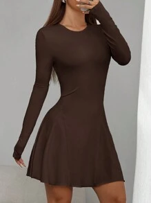 SHEIN EZwear 秋季女式合腰荷叶边下摆中长连衣裙 - 巧克力棕 - 查看 6