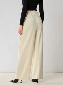 Enchnt Pantalones casuales minimalistas de mujer de unicolor con cordón y bolsillo, para uso diario - Albaricoque - Ver 8