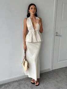 INAWLY Bộ 2 áo yếm hở lưng màu trơn thời trang ngày lễ mùa hè cho nữ và váy - Màu be - Xem 4