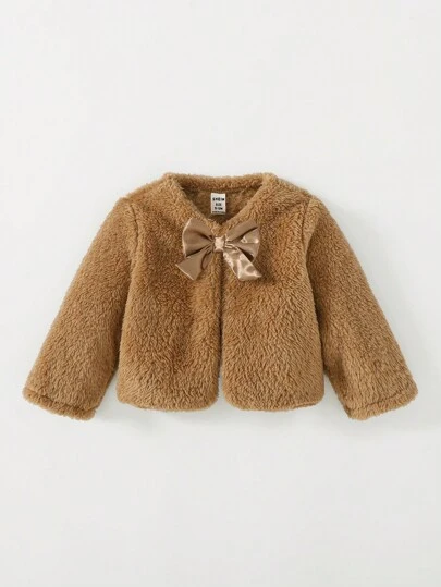 SHEIN Playful Pals 女婴保暖毛绒蝴蝶结开衫毛衣夹克，适合外出、休闲或派对，卡其色，秋冬