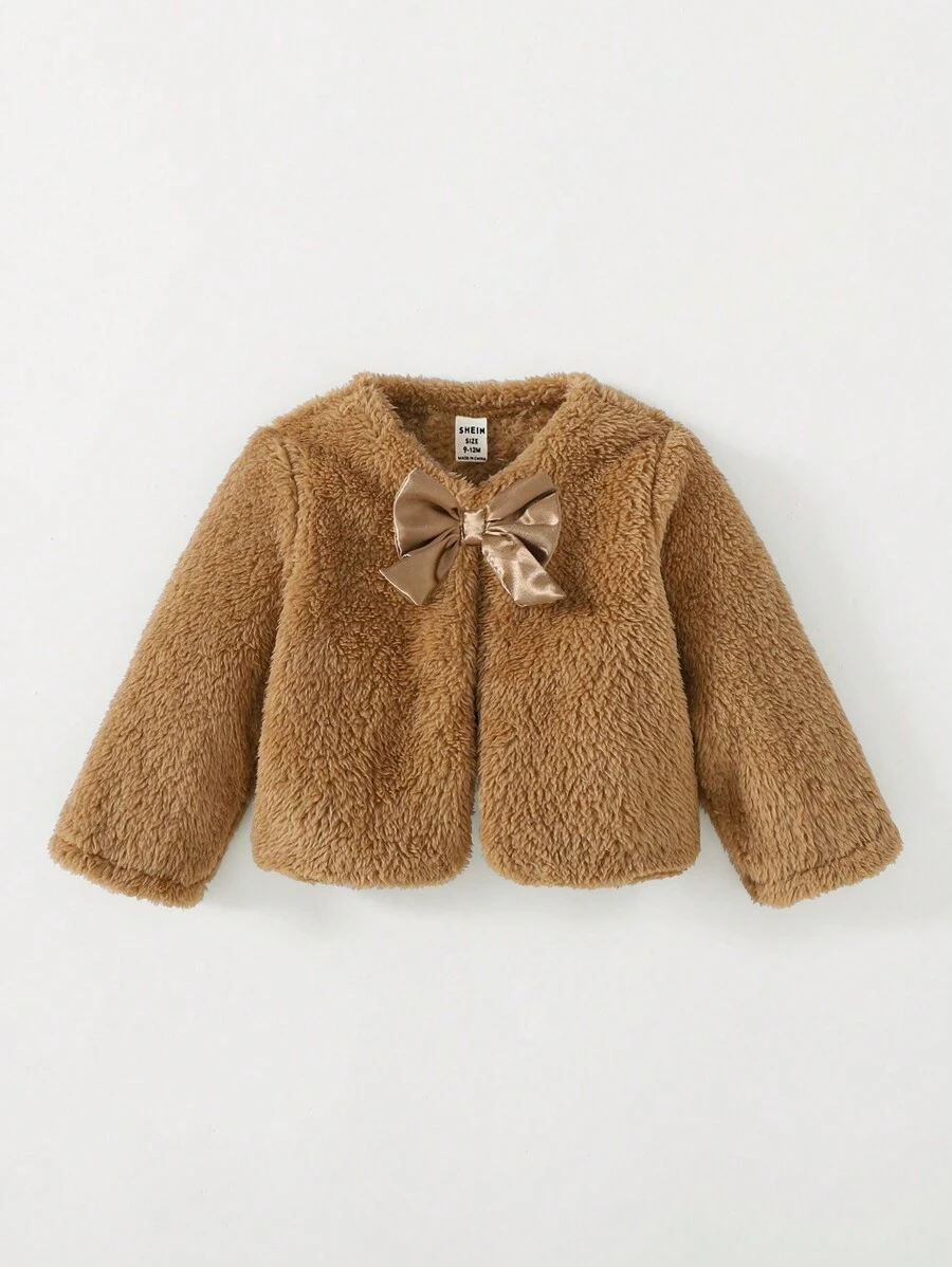 SHEIN Playful Pals 女婴保暖毛绒蝴蝶结开衫毛衣夹克，适合外出、休闲或派对，卡其色，秋冬 - 卡其色 - 查看 1