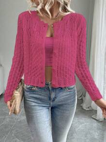 SHEIN LUNE 女士圆领镂空前扣开衫，秋冬针织毛衣 - 玫紅色 - 查看 1