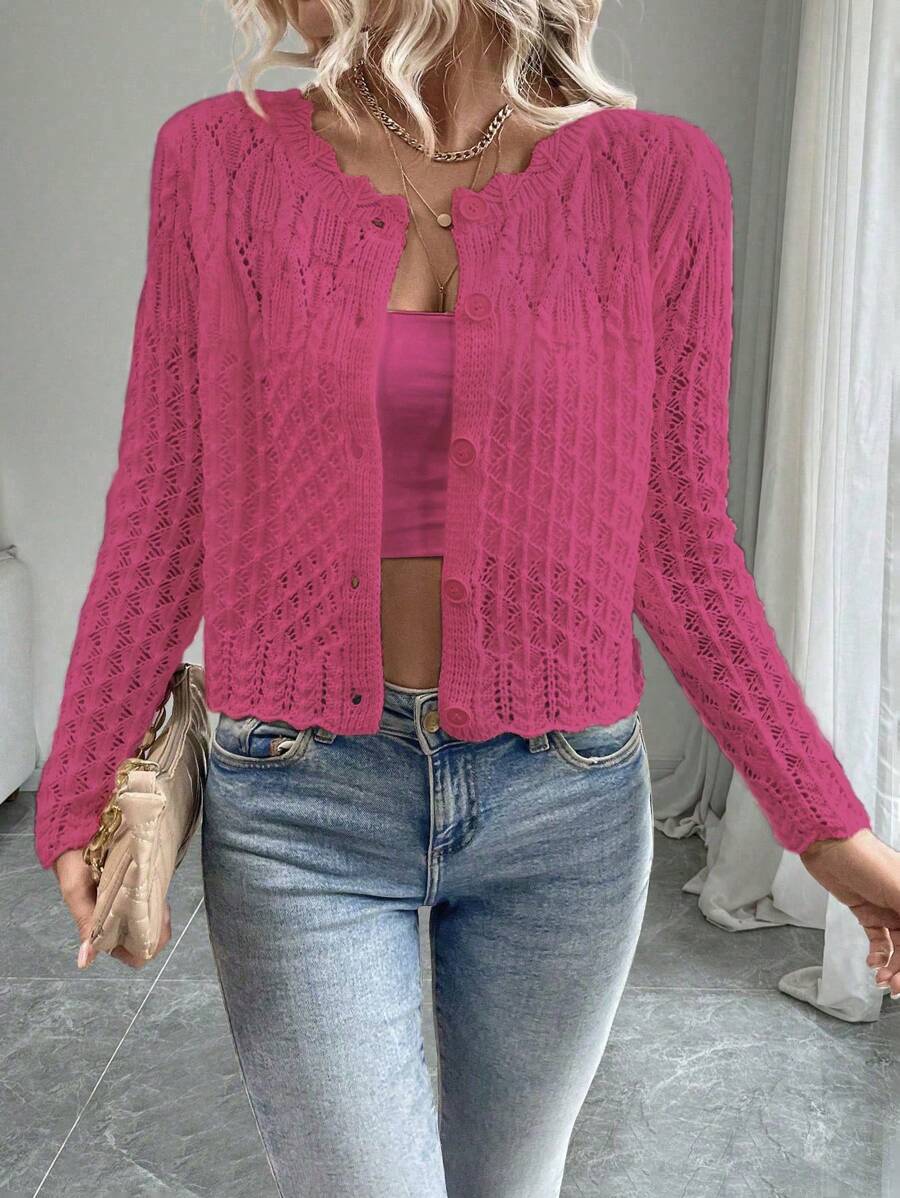 SHEIN LUNE 女士圆领镂空前扣开衫，秋冬针织毛衣 - 玫紅色 - 查看 1