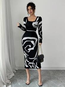 Elenzga Women Patchwork Fitted Waist Long Sleeve Elegant Knit Sweater Dress Fall Winter Cloth For Women