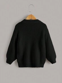 SHEIN Young Girl Sweater Pullover 3D Twisted Rope Elegant And Cute Ribbed Knitted Long And Short Legs Asymmetrical Button Binding Personalized Childish Fashion Warm Soft High Quality Casual Versatile Suitable For Playing Daily Outing Suitable For School Sweaters Knitwear Autumn And Winter Autumn And Winter Sweaters Knitwear - Black - View 2