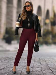 EMERY ROSE Quần dài nữ dệt ống đứng thanh lịch màu trơn, trang phục công sở - Màu Đỏ Sâu - Xem 3