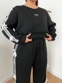 Calvaya 2 件大码女式蕾丝边蝴蝶结拼布运动衫套装，保暖内衬，适合秋冬季 - 黑色 - 查看 5