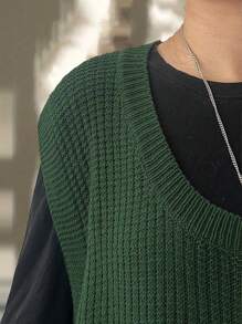 SHEIN LUNE Plus Size Women's Solid Color Simple Sleeveless Knit Cardigan For Daily Wear - Green - View 5