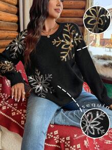 Calvaya Áo len dài tay cổ tròn họa tiết tuyết đính kim sa kiểu dáng thường ngày dành cho nữ cỡ lớn, thích hợp mặc mùa thu/đông. - màu đen - Xem 1