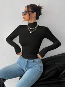 SHEIN PETITE Solid Color Slim High Collar Long Sleeve White Top - Black - View 7